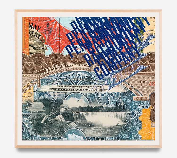 Mixed media artwork with collages of dollar bills